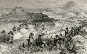 ヘンリーモートンスタンリー卿とマザンボニ族との最初の出会い、1890年（木版画）