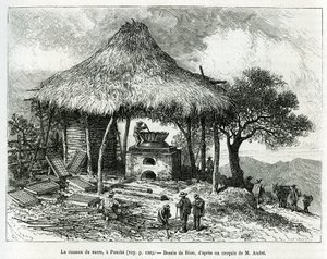 パンチェ（コロンビア）の砂糖焼き窯。1875年から1876年にかけて、フランス政府が派遣した旅行者ミッション、エド・アンドレが春秋アメリカ（コロンビア、エクアドル、ペルー）の物語を説明するためにリウが描いたもの。Le tour du monde」に掲載された版画 作： Edouard Riou
