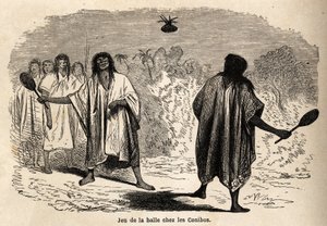 1848年から1860年にかけてP.マルコイが行った太平洋から大西洋への航海を説明するためにリウが描いた、ペルーのインディアン・コニボの間で行われる球技。エドゥアール・シャルトン編『Le tour du monde』の図版