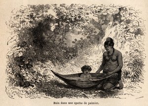 椰子の葉の中の子供の風呂。太平洋から大西洋への航海を描いたリウの絵 作： Edouard Riou