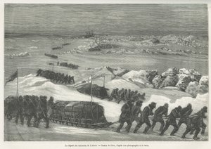 1875年から1876年にかけてのG.S.Nares船長による極海への航海の物語を説明するために描かれたRiouによる極地探検隊の船、Alert Sledsの出発。Le tour du monde』に掲載された版画 作： Edouard Riou