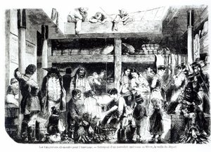 アメリカへの出発の前夜-1850年頃、ルアーブルの港にあるアメリカンライナーの操縦セクションでアメリカに向けて出発するドイツの移民 作： Edouard Riou