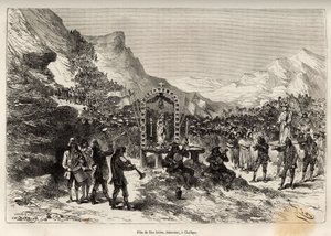 耕作者の守護者であり、文化の保護者でもあるサン・イシドロの祝日は、チャルクイ（ペルー）で行われ、周辺地域の1000人以上のインディアンがパレードを行い、聖人の像を処女の祭壇に運び、その後、全員が集まって祝宴を行います。 作： Edouard Riou
