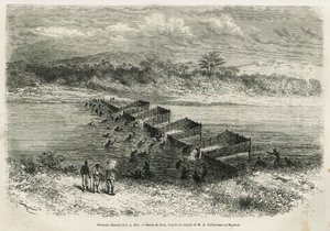 魚を捕らえるエボガ川の漁業は、その竹の粘土を介して急流を導きます。1875年から1877年にかけて、アルフレッド・マルシェによるガボンとオゴエ川への旅行の物語を説明するために、リウが描いたものです。Le tour du monde』に掲載された版画 作： Edouard Riou
