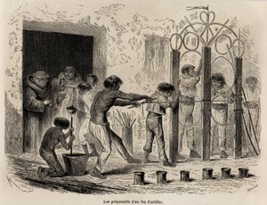 1848年から1860年にかけてのポール・マルコイの太平洋から大西洋への旅を説明するために、リウが描いたサラヤク（ペルー）での花火の準備の様子。エドゥアール・シャルトン編『Le tour du monde』に掲載されている図版