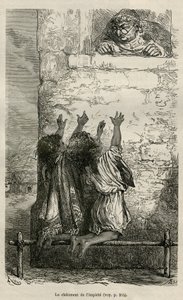 チチカカ地方とペルー東部の谷間の旅を説明するためにE.Riouが描いた、村の教区による拷問を見守る二人の子供が、釘の上に置かれた棒の上に跪いている。 作： Edouard Riou