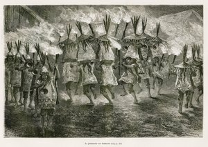 E.Riouが描いたサン・ホセの通りを通る聖火の散歩。1873年にポール・マルコイが行ったチチカカ地方とペルー下部の東の谷間での旅を説明するため。Le tour du monde』に掲載されたエングレーヴィング 作： Edouard Riou