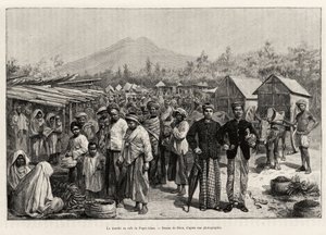 パガー・アラム・カフェ（マレーシア）での散歩の様子。ジュール・クレーヌ（1856-1939）の「マレーシアでの1年」という物語を説明するためにRiouが描いたエングレーヴィング 作： Edouard Riou