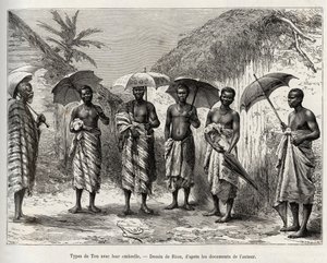 彼らの傘を持つトーンタイプ。1887年から1889年にかけて、キャプテン・ルイ・グスタフ・バンジェ（1856-1936）が、エドゥアール・シャルの指揮の下、『Le tour du monde, nouveau journal des voyages』に掲載した「ニジェールからギニー湾まで」の物語を説明するためのリウによるエングレーヴィング。