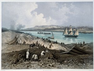 G.ニコルによるスエズ運河の開通式」の運河の様子。1869 作： Edouard Riou
