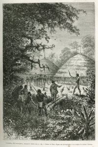 Yacouman, Roucouyenne chief, tribe of Guiana on the rivers of Oyapock, chasing the devil, he walks of the village after birth of a child, sprinkling a milk milk white liquid with a feather brush, engraving after the drawing by Riou, illustrated the the a p 作： Edouard Riou