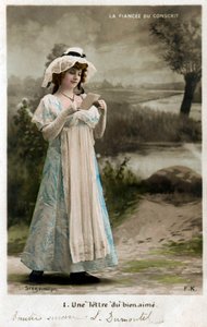 最愛の人から手紙を受け取る若い女性、ポストカード 作： Edouard Stebbing