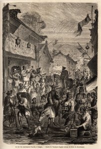 モンゴル、カルガンの衣料品商の通り。1859年から1862年にかけて、中国駐在のフランス公使M.de Bourboulonの上海からモスクワへの旅を説明するために、Vaumort（?エドゥアール・チャート編集の「Le tour du monde」に掲載されている図版。