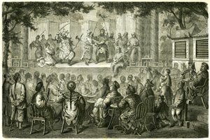 ブルブロン夫人の旅行記を参考にした、中国のペキン（北京）オペラの表現の図。エドゥアール・シャルトン編『Le Tour du Monde, Nouveau journal des Voyages』に掲載されたヴォーモートの絵をもとにしたエングレーヴィング。 作： Edouard Vaumort