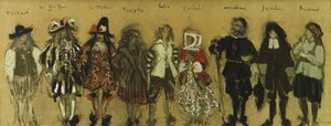 Jean de la Fountaineのための「La Coupe Enchantee」で9人の俳優の衣装を学ぶ。エンチャンテッドカップの新キャラクターの衣装研究、ジャンドラフォンテーヌ作、1918年 作： Edouard Vuillard