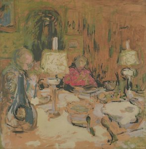 夕食と2つのランプ、rue de Calais、1913年（茶色い紙のジステンパー） 作： Edouard Vuillard
