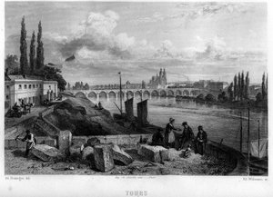 フランス、サントル、インドル・エ・ロワール（Indre-et-Loire）のトゥール（Tour）の街並み。Jean-Bernard Mary-Lafon（ジャン・ベルナール・マリー・ラフォン）の「La France ancienne et moderne」に掲載されているWillmannのエングレーヴィング。