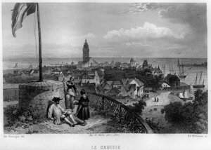 フランス、ペイ・ド・ラ・ロワール地方、ロワール・アトランティック（Loire-Atlantique）、クロワジック（Le Croisic）の街の風景。Jean-Bernard Mary-Lafon（ジャン・ベルナール・マリー・ラフォン）の「La France ancienne et moderne」に掲載されているWillmannのエングレーヴィング。