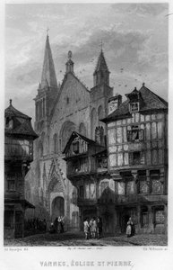 フランス、ブルターニュ地方、モルビアン、ヴァンヌの街とサン・ピエール教会の眺め。Jean-Bernard Mary-Lafon（ジャン・ベルナール・マリー・ラフォン）の「La France ancienne et moderne」に掲載されているウィルマンのエングレーヴィング。