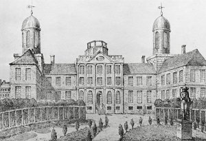 アメリカ合衆国、フィラデルフィアの病院、エドゥアール・ド・モントゥール (1792-1828) によるリトグラフ、「アメリカ、イタリア、シチリア、エジプトへの航海」より 作： Edouard de Montule
