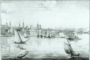 1821年、ドモントゥール作「イタリアのシチリアとエジプトのアメリカへの旅の地図と眺めのコレクション」より、西からニューヨーク 作： Edouard de Montule