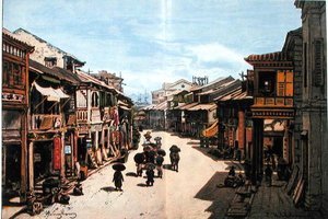 19世紀半ばの香港の街並み（カラーリトグラフ） 作： Eduard (after) Hildebrandt
