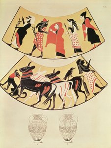牧師の行列を描いたエトルリアの花瓶のデザインで、牛が描いたプラウを使って新しい都市の境界をマークしています 作： Eduard Gerhardt