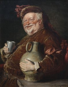 ワインとブリキのカップのタンカードを持ったファルスタッフ、1910年 作： Eduard Gruetzner von