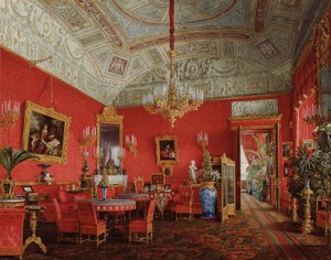 冬宮殿のインテリア。皇后アレクサンドラ・フョードロフナの大きな応接室、1858 作： Eduard Hau