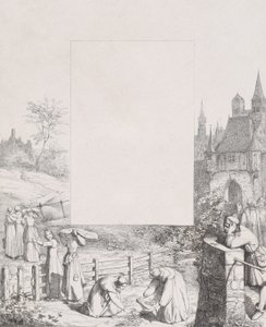 プレート 5: 植物を集めて頭上に運ぶ女性、里の男性の傍観者、1836 年。 作： エドゥアルド・ジュリアス・フリードリッヒ・ベンデマン
