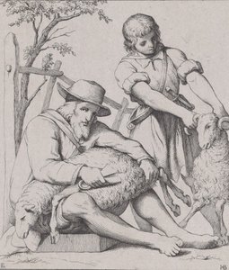 羊の毛刈りをする 2 人の男性。 1842年。 作： Eduard Julius Friedrich Bendemann