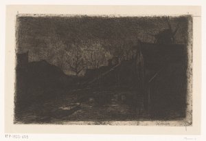 夜の家と工場のある風景 作： Eduard Karsen (signed by artist)