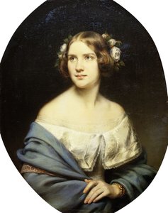 白いドレスと水色のショールで半分の長さに立っているジェニーリンドの肖像画、 作： Eduard Magnus