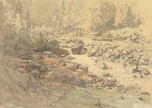 クローナウ近くの川に岩のある風景、19 世紀から 20 世紀初頭。 作： Eduard Peithner von Lichtenfels