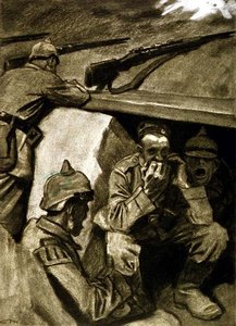 塹壕の口オルガン、ドイツの雑誌「Simplicissimus」のイラスト、1915年頃（石版） 作： Eduard Thöny