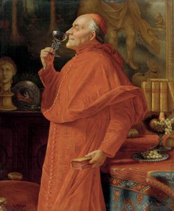 （ベネチアン グラスに入った）白ワインのブーケを調べている枢機卿。 1900年頃。 作： Eduard von Grutzner