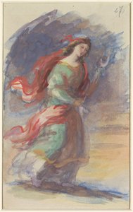暗い背景に、カラフルな羽ばたくローブを着た若い女性が歩いている 作： Eduard von Heuss