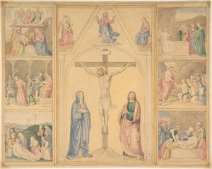 キリストの生涯からの6つのシーンを含む十字架上のキリスト、ca。 1850年。 作： Eduard von Steinle