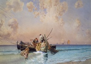 エドゥアルド・ダルボーノ（1841-1915）作、油彩・カンヴァス、53x73cm「漁からの帰還 作： Eduardo Dalbono