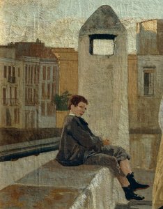 エドアルド・ダルボーノ（1841-1915）作「テラス」、パネルに油彩、45x30cm。詳細 作： Eduardo Dalbono