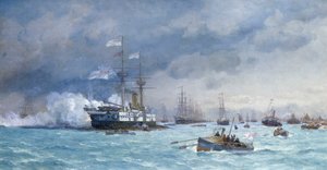対魚雷演習中のHMS「エディンバラ」、1887年頃（油彩・キャンバス） 作： Eduardo de Martino