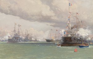 L "Entente Cordiale：ロイヤルヨットビクトリア＆アルバートIII、1905年、カウズロードの英仏艦隊をレビュー 作： Eduardo de Martino