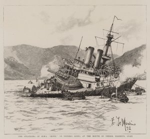 スペイン、フェロール港の河口にあるペレイロリーフ上のHMSハウの孤立 作： Eduardo de Martino