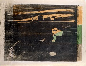 夕方、メランコリー。海岸にて（Abend, Melancholie am Strand）（木版画 作： Edvard Munch