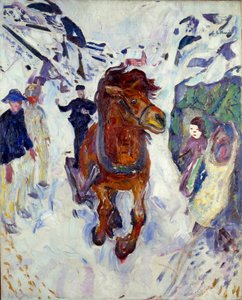 エドヴァルド・ムンク（1863-1944）の「馬のギャロップ」の絵 1910-1912年 薄暗い。148x119.5 cm オスロ、市立美術館コレクション ムンク美術館（Musee Munch 作： Edvard Munch