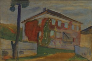 レッドバージニアクリーパーのある家、1900年頃（船上油） 作： Edvard Munch