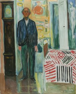 自画像。時計とベッドの間。 1940-42 作： Edvard Munch