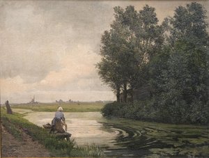 オランダの風景。 女の子がチャンネルで洗う