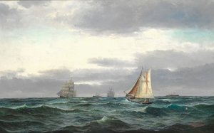 数隻の船が浮かぶマリン、灰色の雨雲と少しの青空 作： Edvard Skari