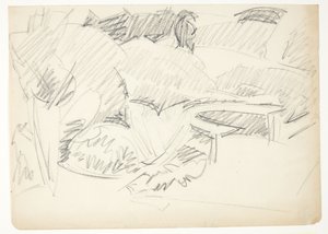 半円形の庭のベンチのある庭からの風景 作： Edvard Weie